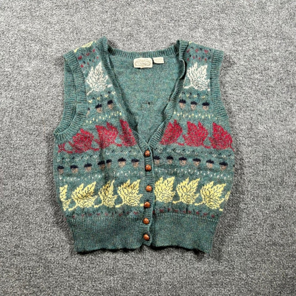 The Villager Sweater Vest Womens42 Green Shetland Wool Fair Isle Leaf Acorn Flaw